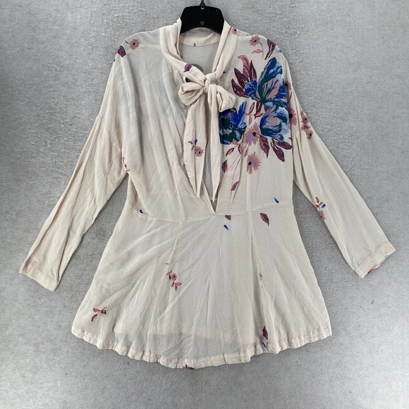 Free People Gemma Tunic Mini Dress‎ Ivory LARGE Floral Mock Neck Keyhole Back - Picture 8 of 16